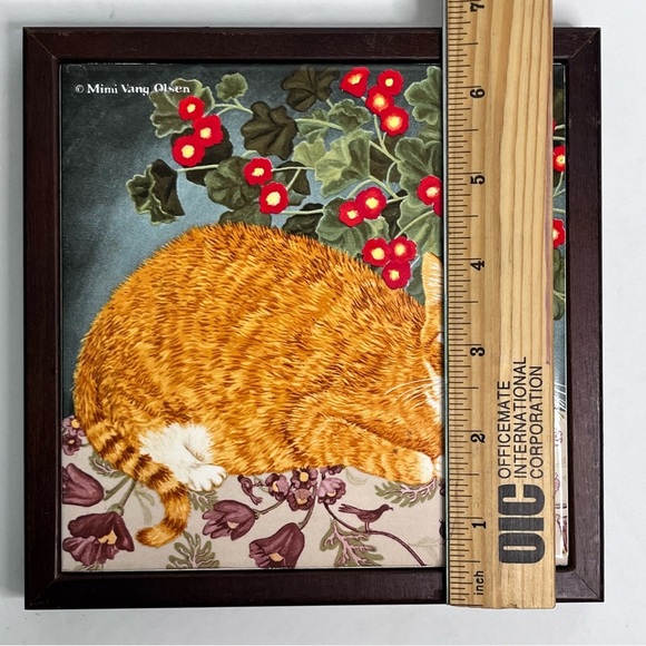 vintage avon mimi vang olsen ceramic tile framed cat art  orange tabby trivet - Picture 5 of 5